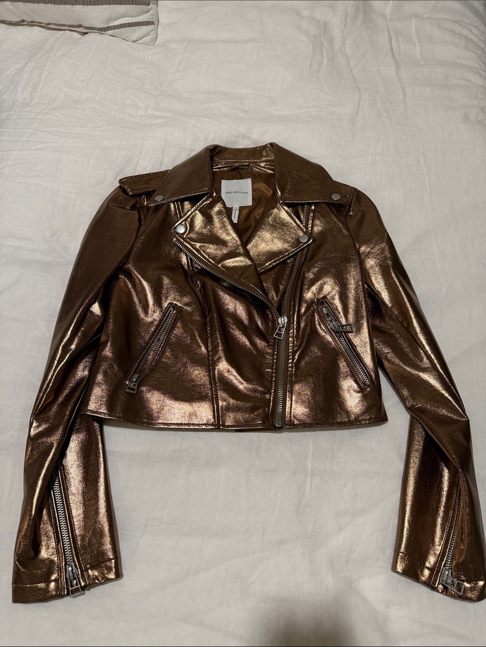 Avec Les Filles Metallic Bronze Cropped Moto Jacket